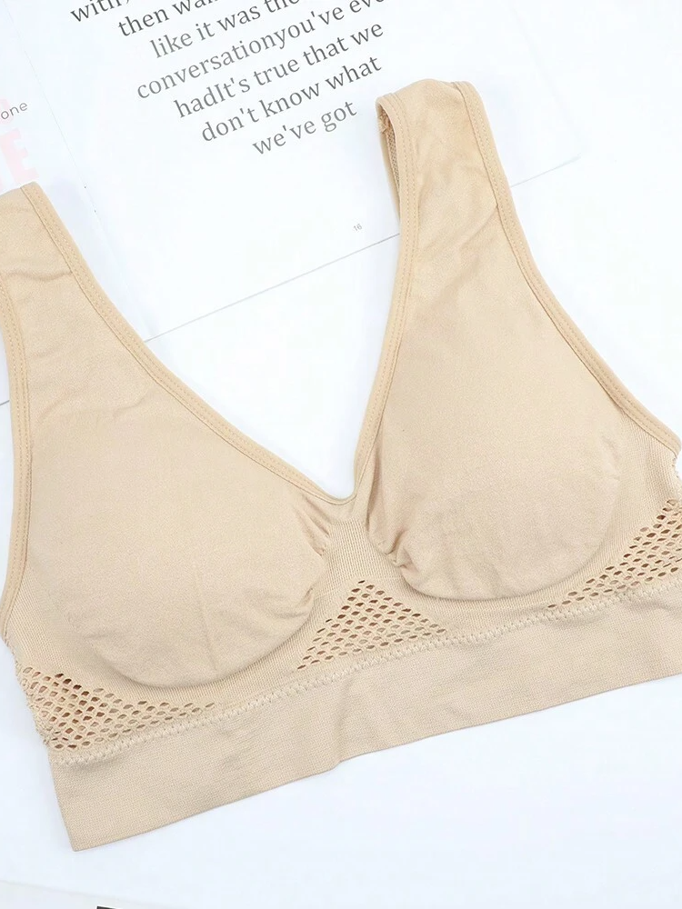 Ventilate Mesh Medium Support Plus Size Wireless Sports Bra Tan