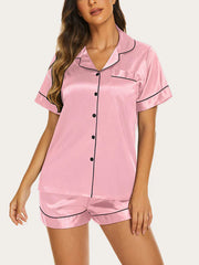 Threaded Solid Color Short Sleeve Shorts Casual Lapel Loungewear Set Pink
