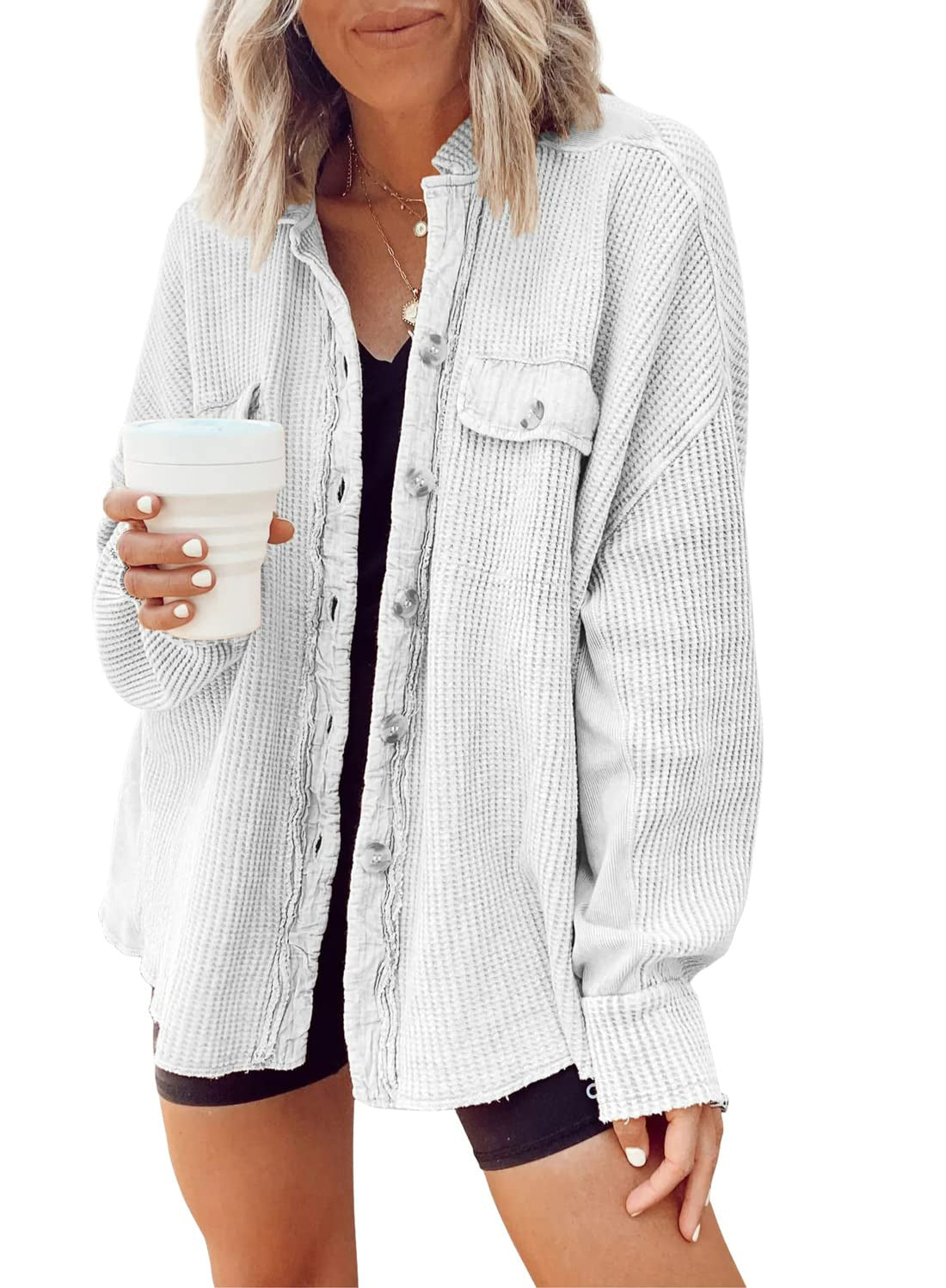 ✨Women's Loose Fit Batwing Sleeve Waffle Knit Button Down Shirt Shacket Tops