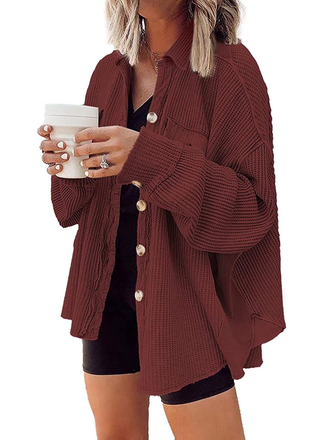 ✨Women's Loose Fit Batwing Sleeve Waffle Knit Button Down Shirt Shacket Tops