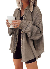 ✨Women's Loose Fit Batwing Sleeve Waffle Knit Button Down Shirt Shacket Tops