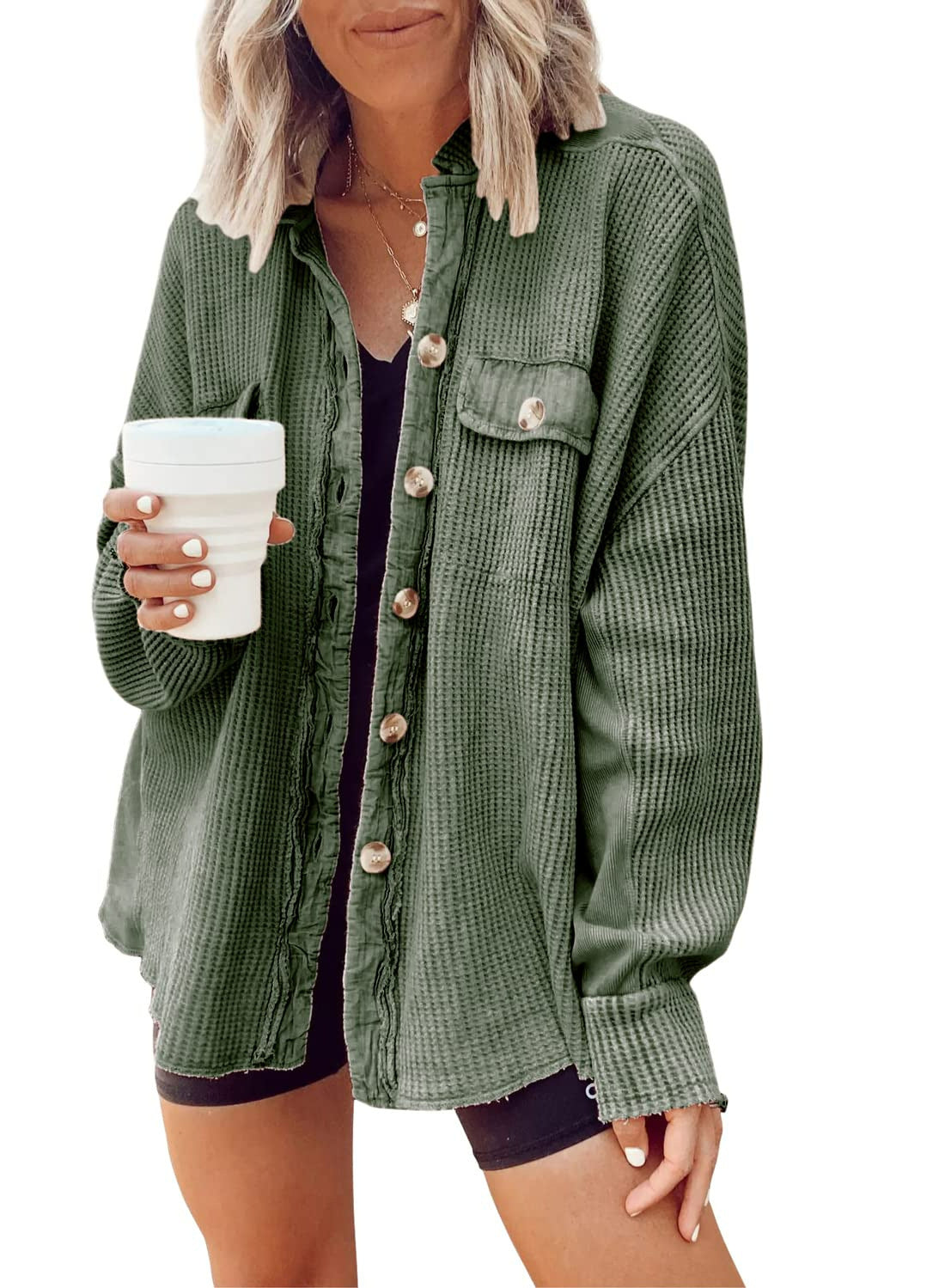 ✨Women's Loose Fit Batwing Sleeve Waffle Knit Button Down Shirt Shacket Tops