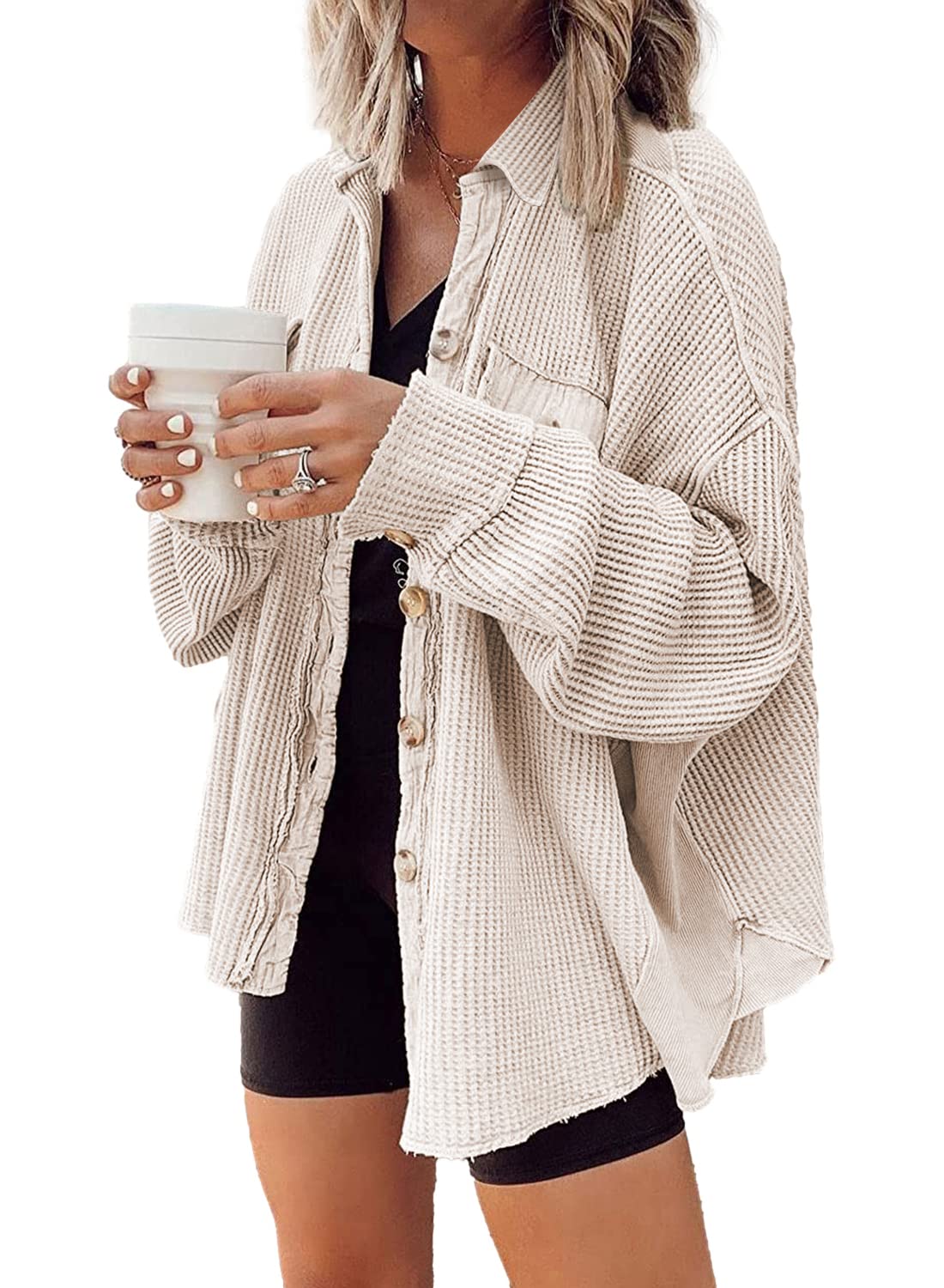✨Women's Loose Fit Batwing Sleeve Waffle Knit Button Down Shirt Shacket Tops
