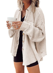 ✨Women's Loose Fit Batwing Sleeve Waffle Knit Button Down Shirt Shacket Tops