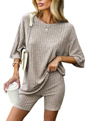 Fashionable Ribbed Knitted T-shirt Shorts Pajamas Home Clothes 2-piece Set Linen