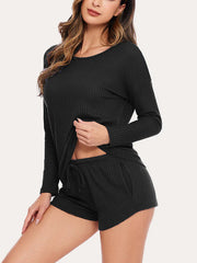 Waffle Knit Women's Pajamas Casual Set Wearable Loungewear Black