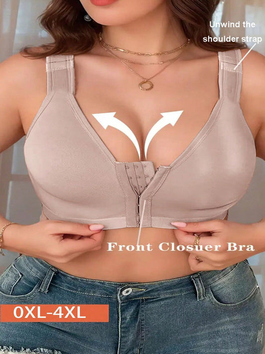 Front-Clasp Plus-Size Wireless Unlined Bra with Pure Color and Delicate Details