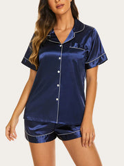 Threaded Solid Color Short Sleeve Shorts Casual Lapel Loungewear Set Navy