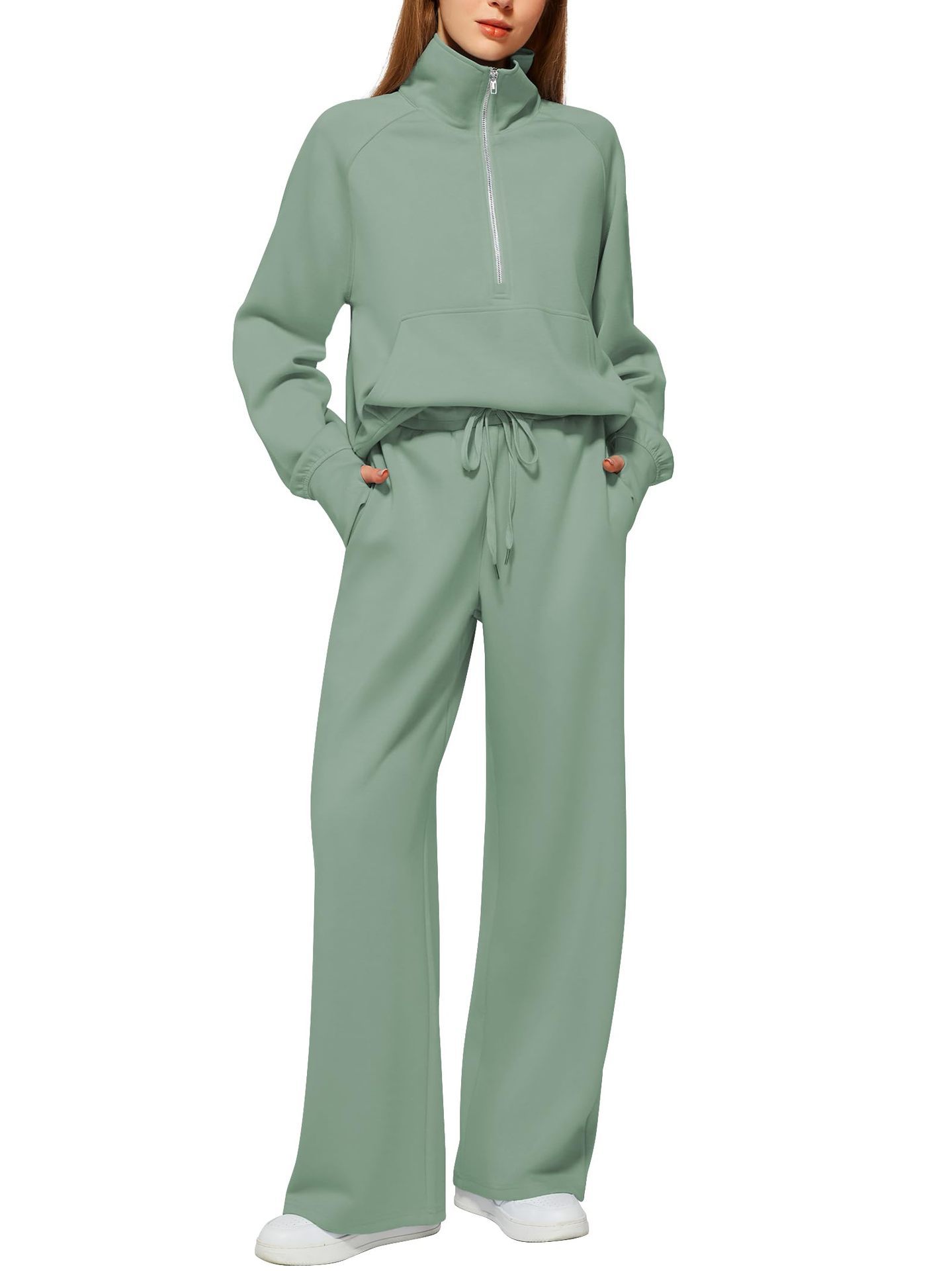 CLEARANCE SALE🔥 Women's Solid Color Cotton Half Zip Two-Piece Set