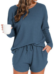 Waffle Knit Women's Pajamas Casual Set Wearable Loungewear Blue