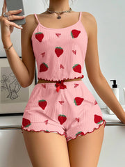 Strawberry Print Camisole And Shorts Pajamas Set