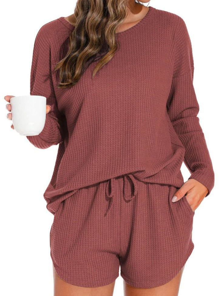Waffle Knit Women's Pajamas Casual Set Wearable Loungewear RosyBrown