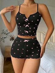 Heart Printed Bow Front Camisole Shorts Cross Back Pajama Set Pink Bow