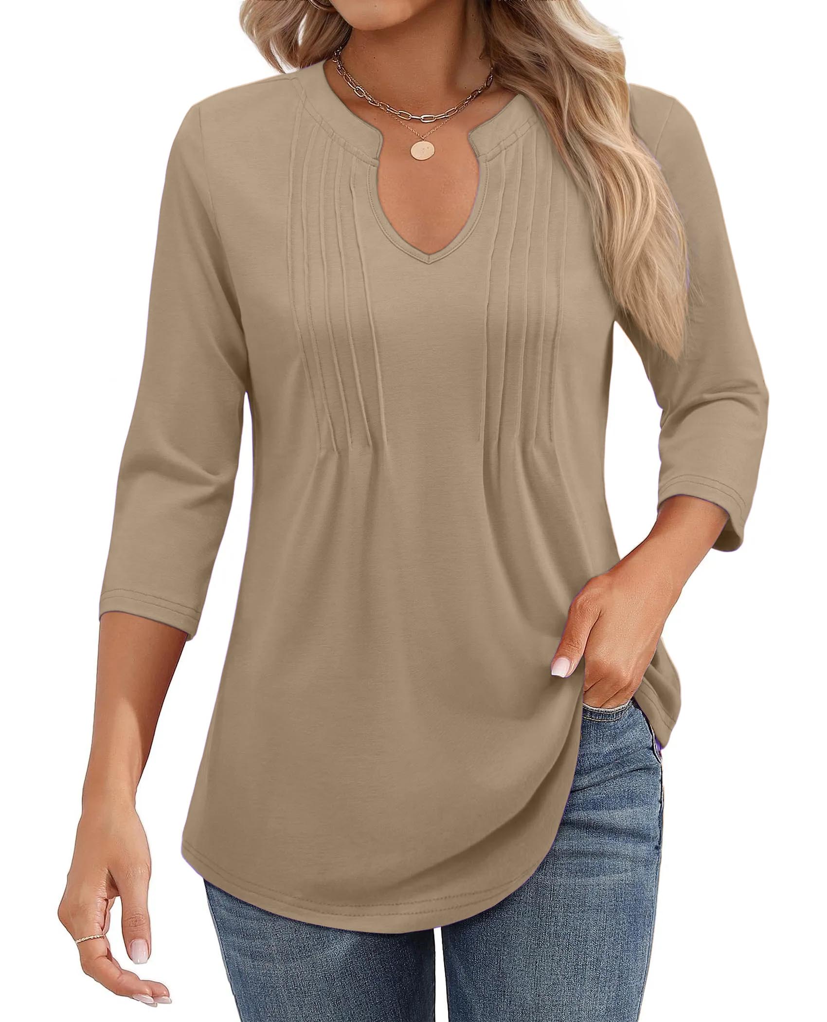 ✨Womens Casual 3/4 Sleeve Pleated Tunic Blouse (BUY 3 FREE SHIPPING)