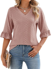 ✨Womens 3/4 Length Sleeve V-Neck Eyelet Casual Ruffle Sleeve Tunic Blouses(Buy 3 Free Shipping)