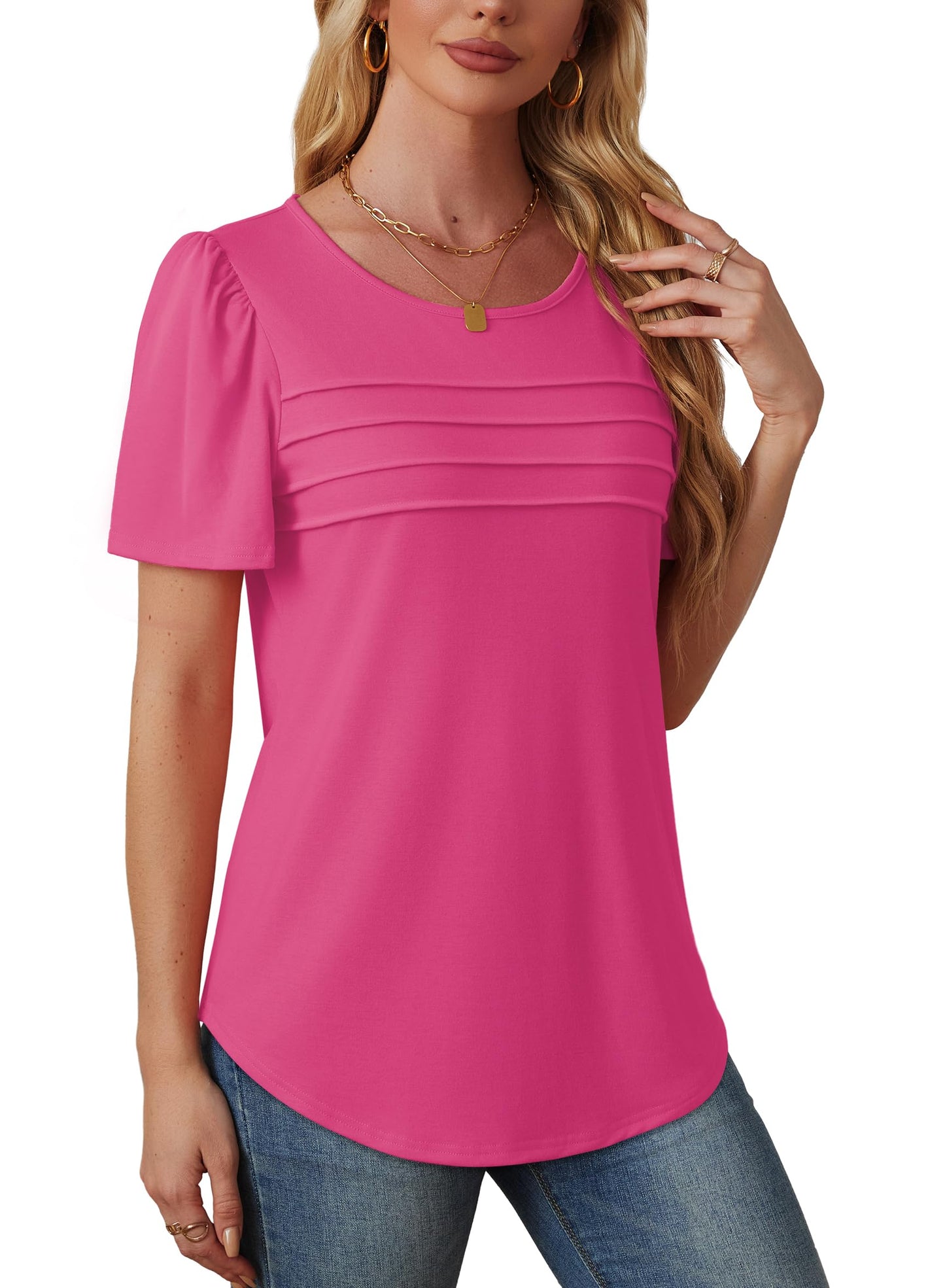✨Women's Short Sleeve Pleated Front Scooped Neck Tops(buy 3 free shipping)