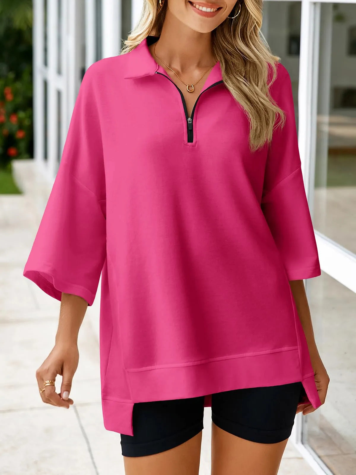 Women's Oversized 3/4 Sleeve Zipper Pullover (Buy 2 Free Shipping)