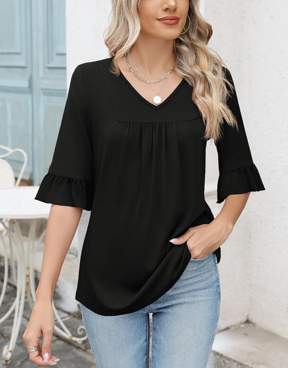 ✨WOMENS 3/4 LENGTH SLEEVE V-NECK CASUAL RUFFLE SLEEVE TUNIC BLOUSES(Buy 3 Free Shipping)