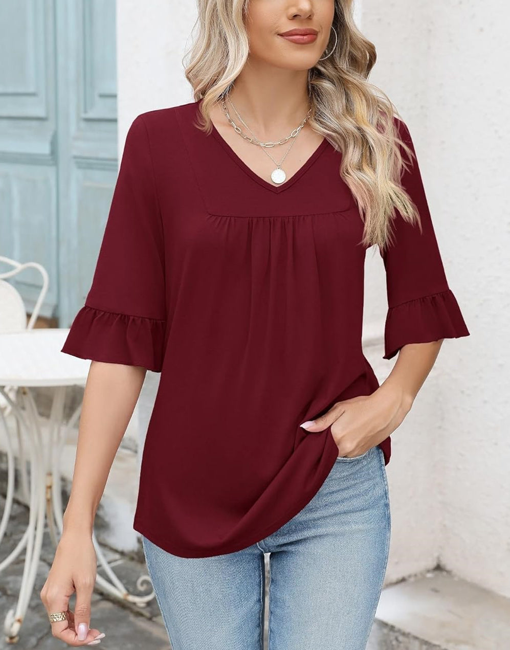✨WOMENS 3/4 LENGTH SLEEVE V-NECK CASUAL RUFFLE SLEEVE TUNIC BLOUSES(Buy 3 Free Shipping)