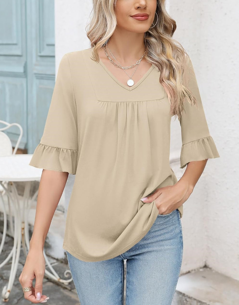 ✨WOMENS 3/4 LENGTH SLEEVE V-NECK CASUAL RUFFLE SLEEVE TUNIC BLOUSES(Buy 3 Free Shipping)