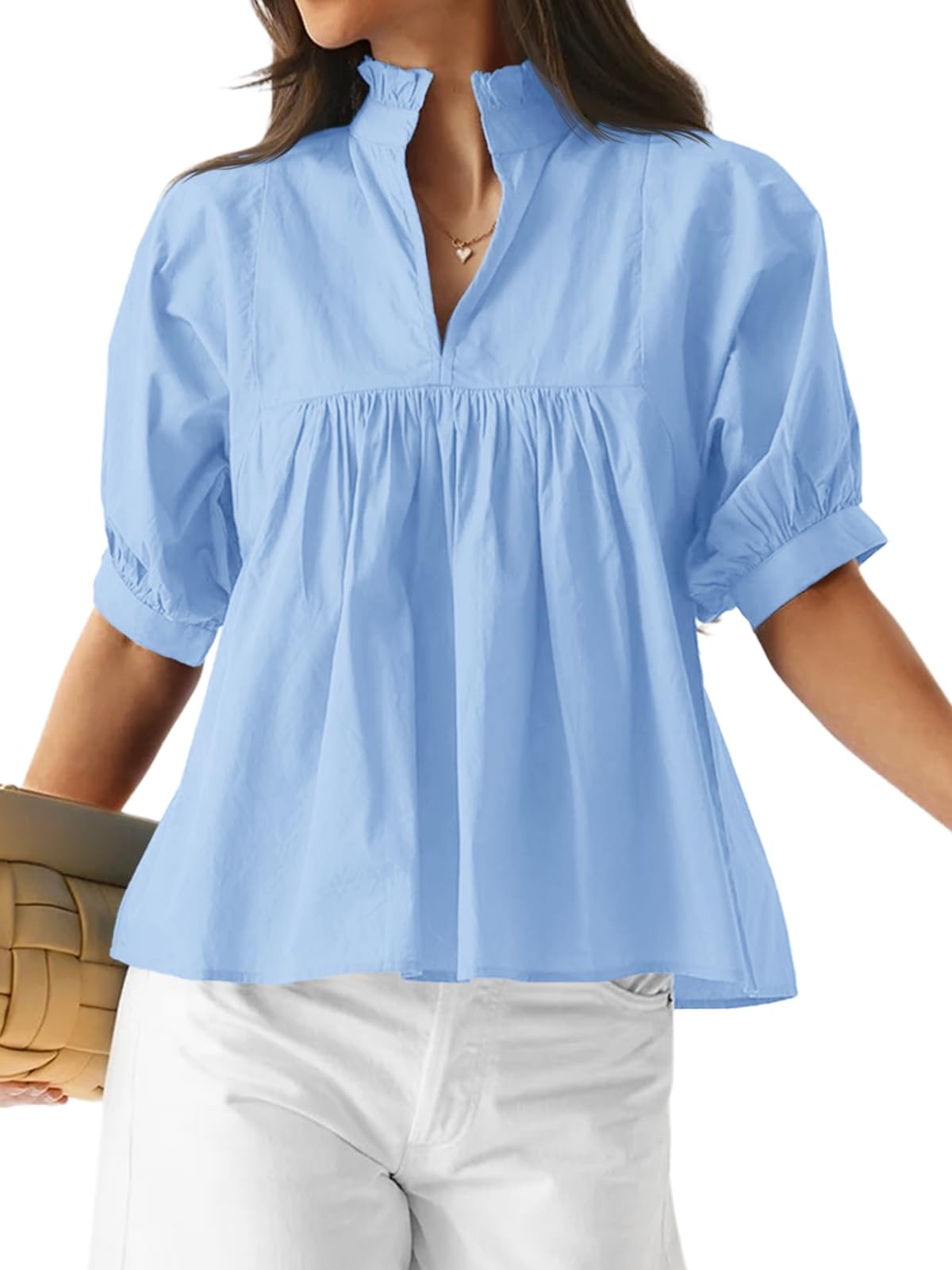 ✨ Women's Puff Sleeve V Neck Casual Pleated Tops(buy 2 free shipping)