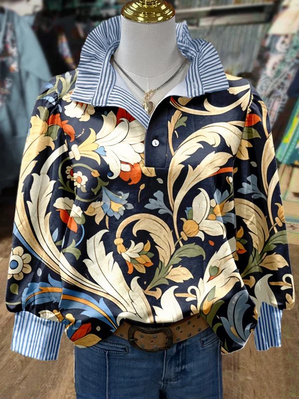 ✨Vintage Floral Print Striped Collar Top(Buy 2 Free Shipping)