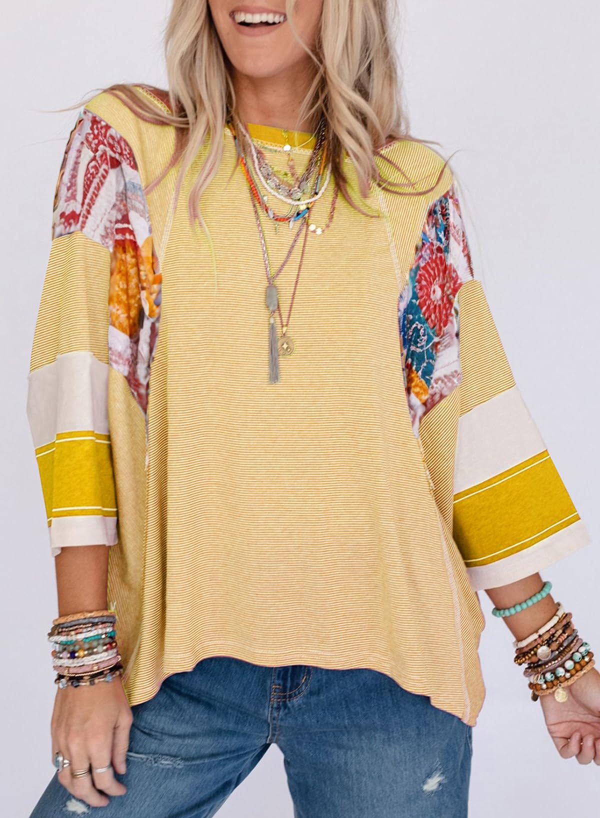 ✨Women's 3/4 Length Sleeve Oversized Striped Patchwork Shirts(buy 2 free shipping)