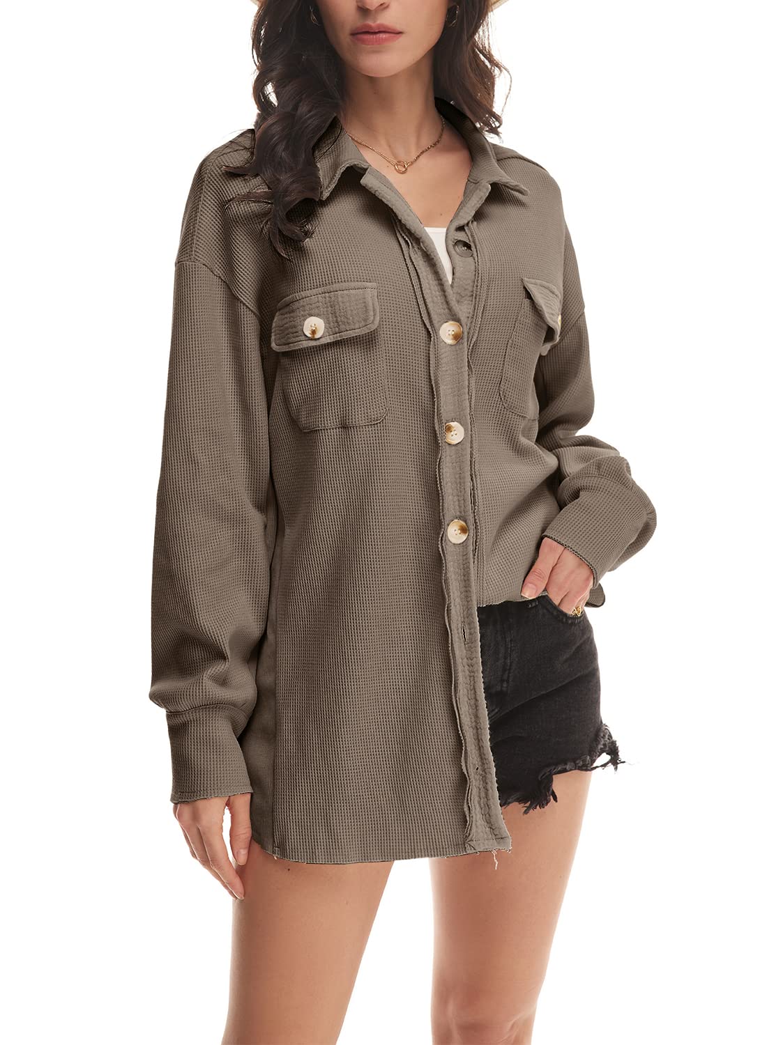 ✨Women's Loose Fit Batwing Sleeve Waffle Knit Button Down Shirt Shacket Tops