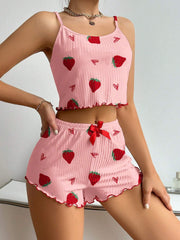 Strawberry Print Camisole And Shorts Pajamas Set