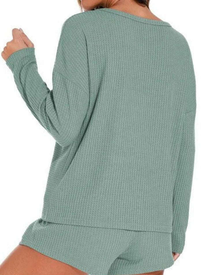 Waffle Knit Women's Pajamas Casual Set Wearable Loungewear LightGreen