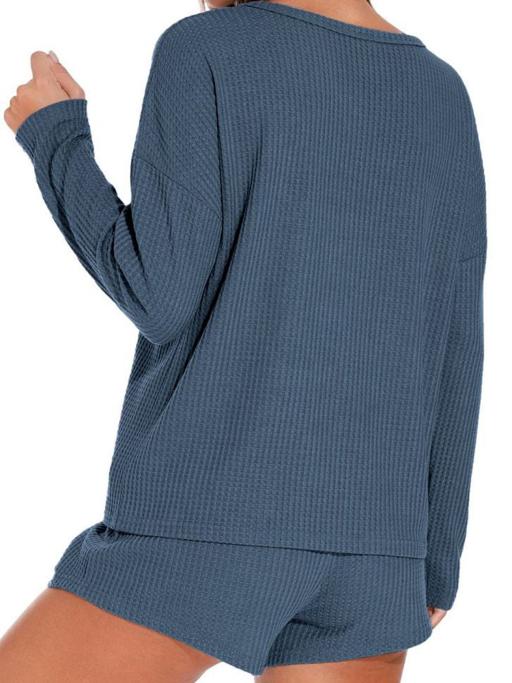 Waffle Knit Women's Pajamas Casual Set Wearable Loungewear Blue