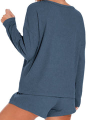 Waffle Knit Women's Pajamas Casual Set Wearable Loungewear Blue