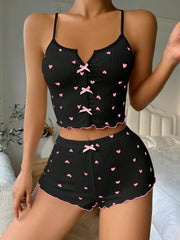 Heart Printed Bow Front Camisole Shorts Cross Back Pajama Set Pink Bow