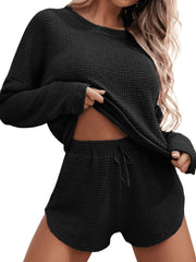 Waffle Knit Women's Pajamas Casual Set Wearable Loungewear Black