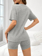 Women Solid Color Brushed Ribbed Loose Crew Neck Short Sleeve Top & Shorts Pajama Set LightGray