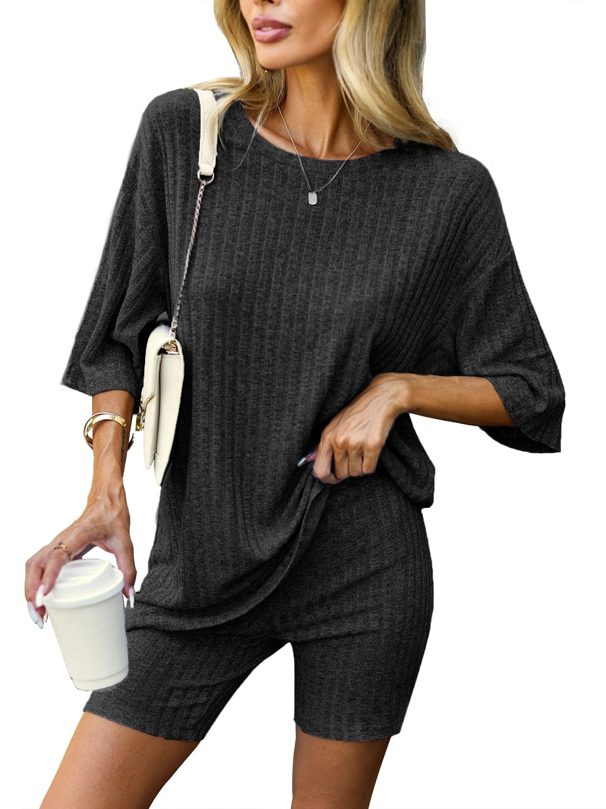 Fashionable Ribbed Knitted T-shirt Shorts Pajamas Home Clothes 2-piece Set Black