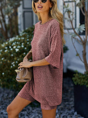 Fashionable Ribbed Knitted T-shirt Shorts Pajamas Home Clothes 2-piece Set RosyBrown
