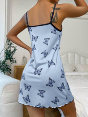 Butterfly Print Contrast Corset Butterfly Print Sexy Wearable Halter Nightgowns Skyblue