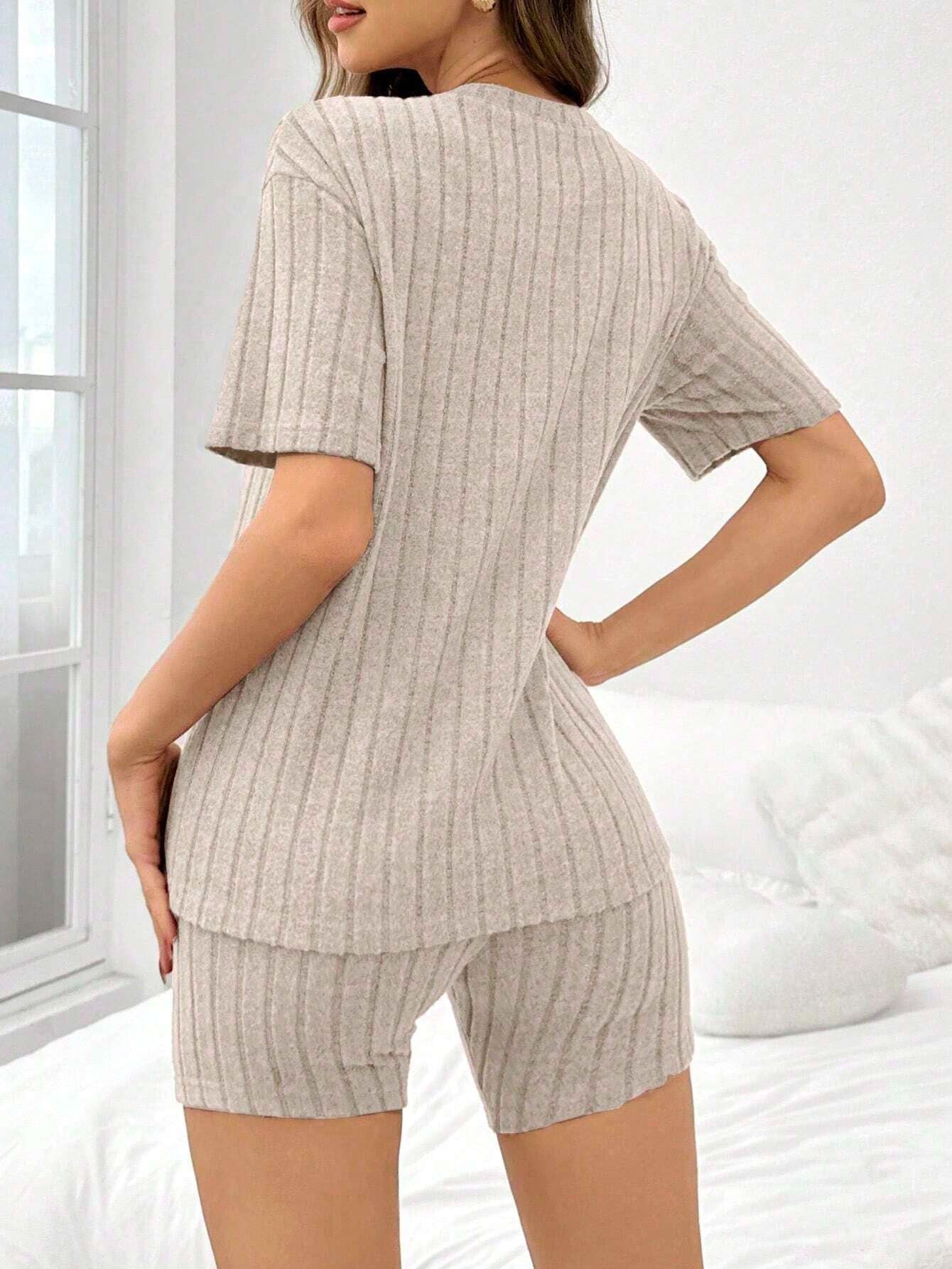 Women Solid Color Brushed Ribbed Loose Crew Neck Short Sleeve Top & Shorts Pajama Set Linen