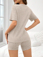 Women Solid Color Brushed Ribbed Loose Crew Neck Short Sleeve Top & Shorts Pajama Set Linen