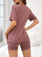 Women Solid Color Brushed Ribbed Loose Crew Neck Short Sleeve Top & Shorts Pajama Set RosyBrown
