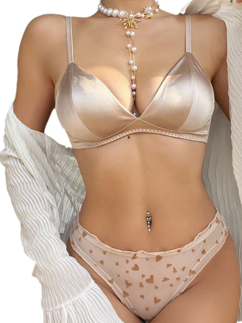 Sexy French Seamless Satin Wireless Triangle Bra Set