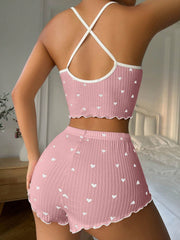 Heart Printed Bow Front Camisole Shorts Cross Back Pajama Set HotPink