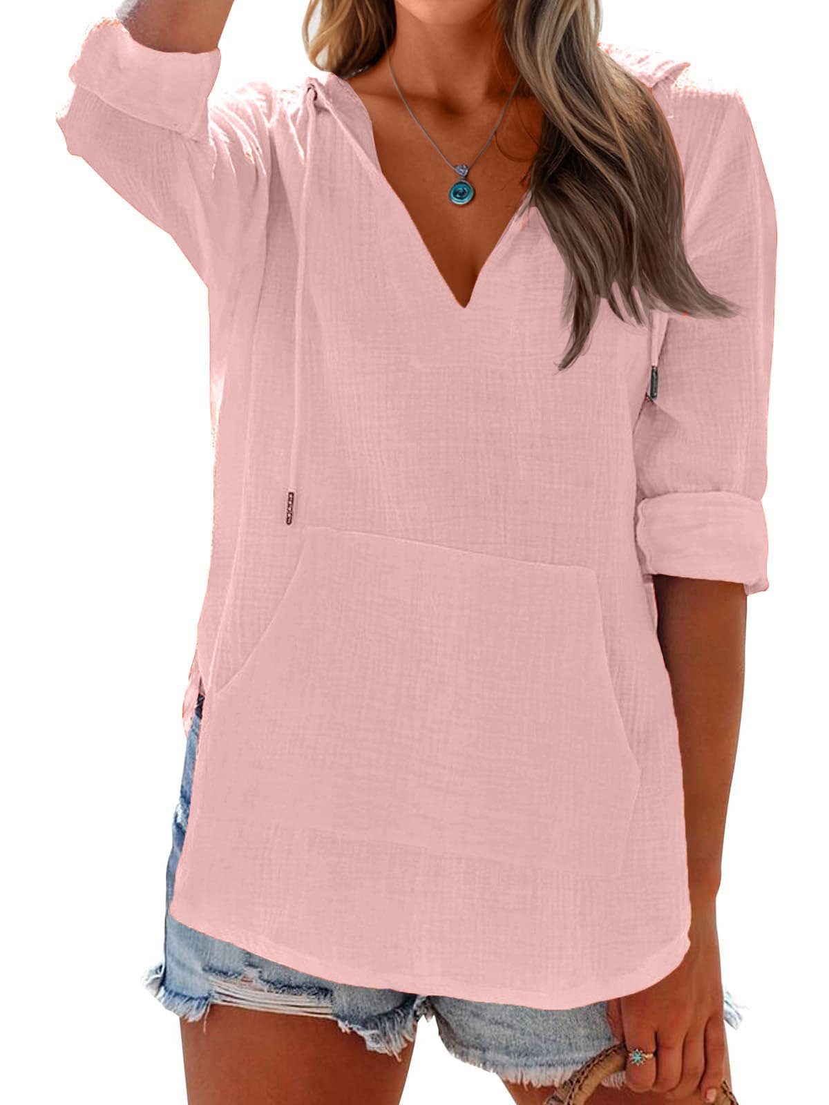 ✨ Women's Long Sleeve V Neck Pocketed Hooded Shirt Top(buy 2 free shipping)