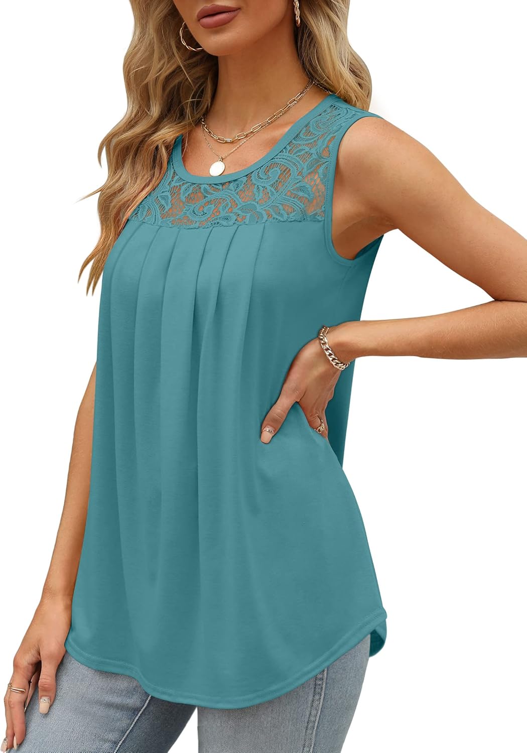 ✨Women's Loose Fit Pleated Scoop Neck Sleeveless Lace Tank Tops (Buy 3 Free Shipping)