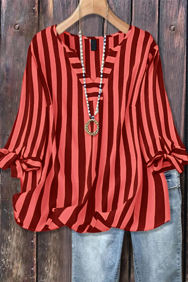 ✨Women's Casual Striped V-Neck Tied Sleeve Top  Versatile Blouse(BUY 2 FREE SHIPPING)