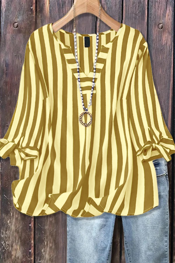 ✨Women's Casual Striped V-Neck Tied Sleeve Top  Versatile Blouse(BUY 2 FREE SHIPPING)