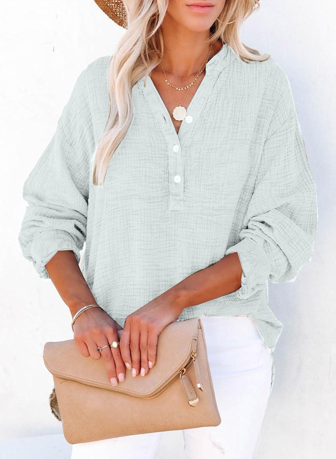✨Womens Casual Gauze Button Neck Long Sleeve Oversized BlousesTops(BUY 2 FREE SHIPPING)