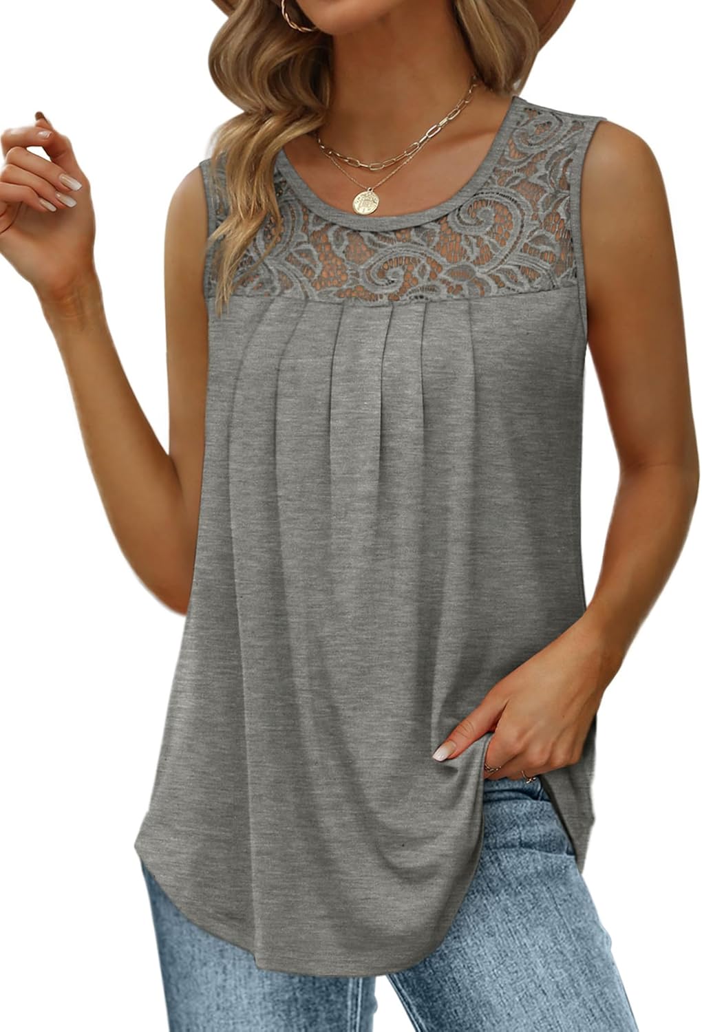 ✨Women's Loose Fit Pleated Scoop Neck Sleeveless Lace Tank Tops (Buy 3 Free Shipping)