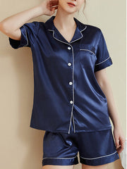 Threaded Solid Color Short Sleeve Shorts Casual Lapel Loungewear Set Navy